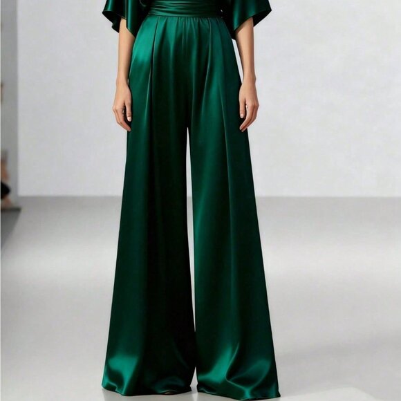 Green Satin Women's V-Neck Batwing Sleeve Wide-Leg Jumpsuit - Picture 2 of 3